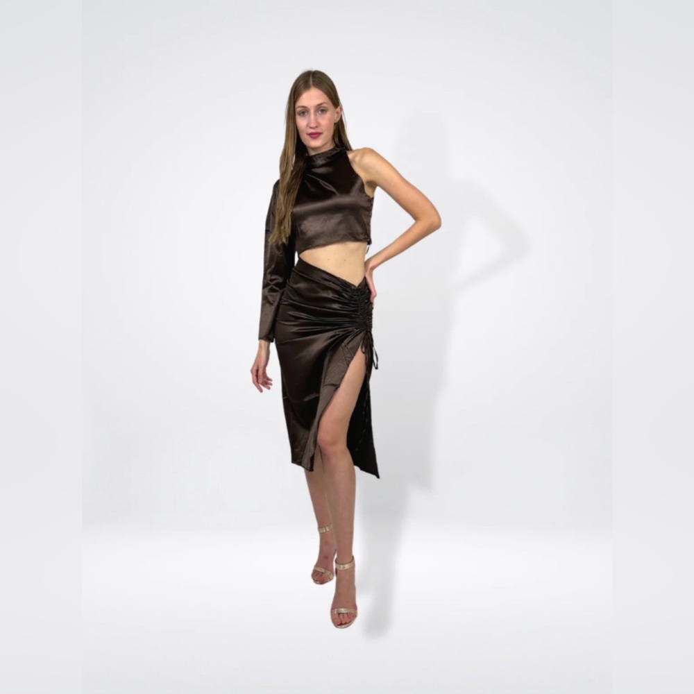 Satin Brown Drawstring Midi Skirt & Top Set